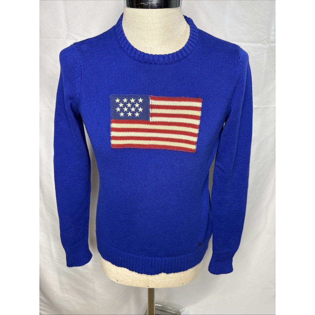 Vintage 90s Y2k Ralph Lauren Usa Flag Sweater Blue Womens M Crew Neck Cotton
